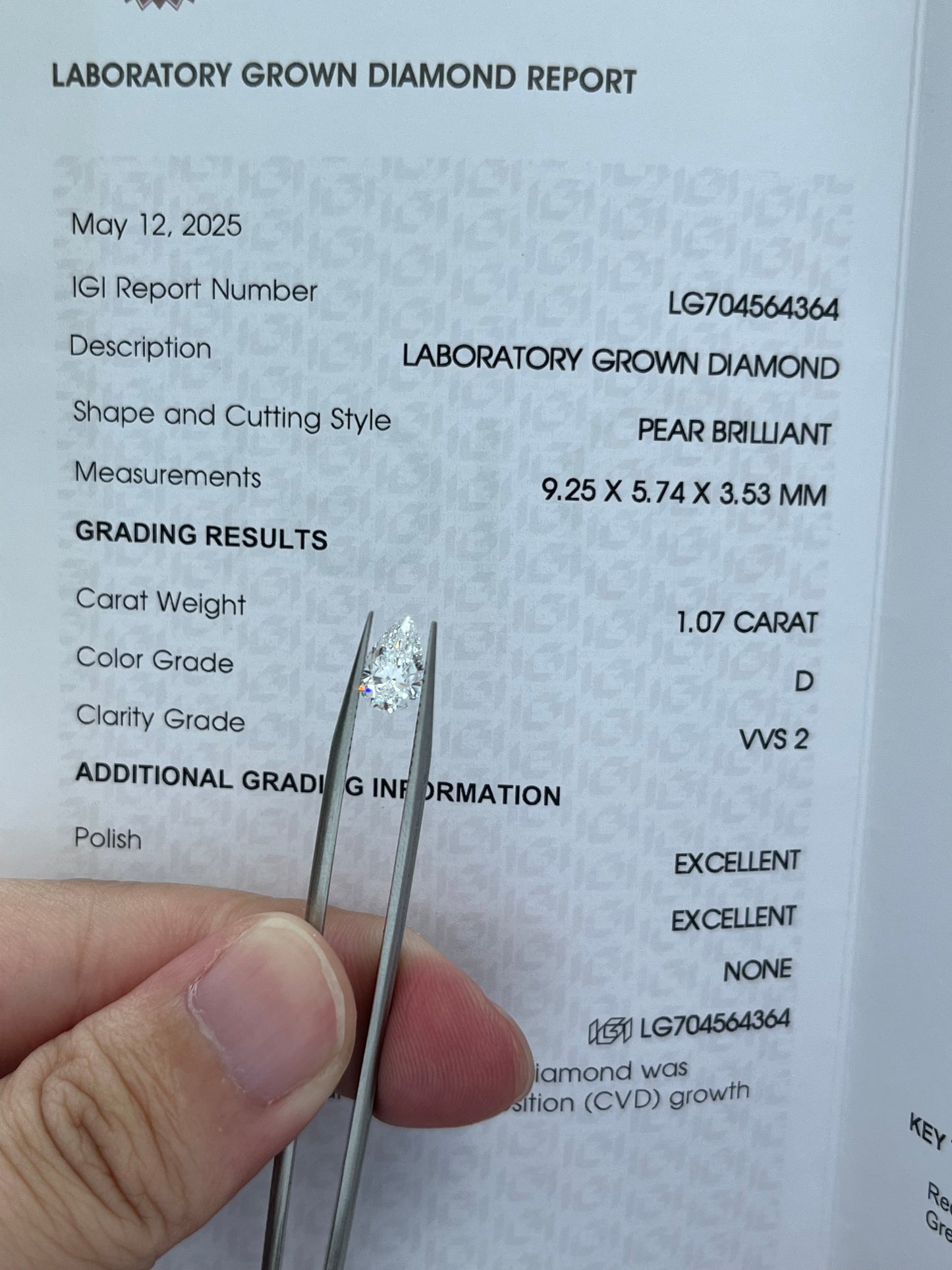 1.07CT PEAR D VVS2 Lab Diamond