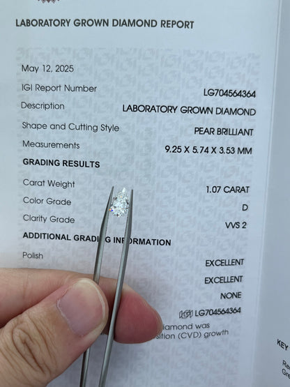 1.07CT PEAR D VVS2 Lab Diamond