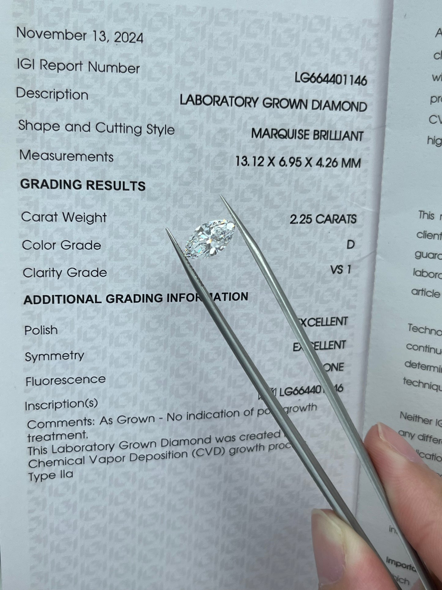 2.25CT Marquise D VS1 Lab Diamond