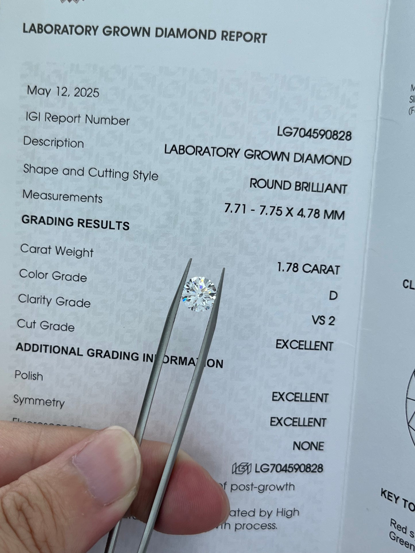 1.78CT Round D VS2 Lab Diamond