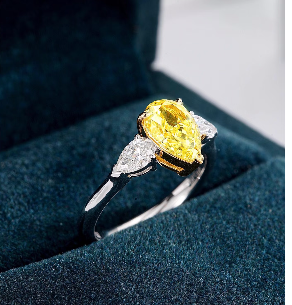 Fancy Yellow Lab Grown Diamond ring Pear E VVS2 18K White Gold