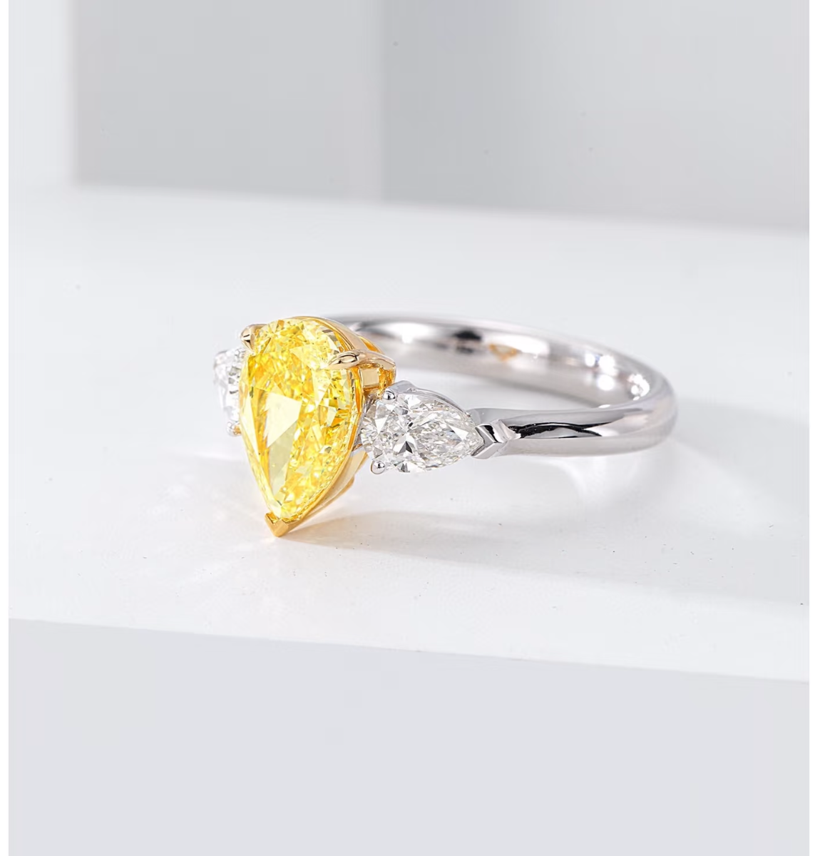 Fancy Yellow Lab Grown Diamond ring Pear E VVS2 18K White Gold