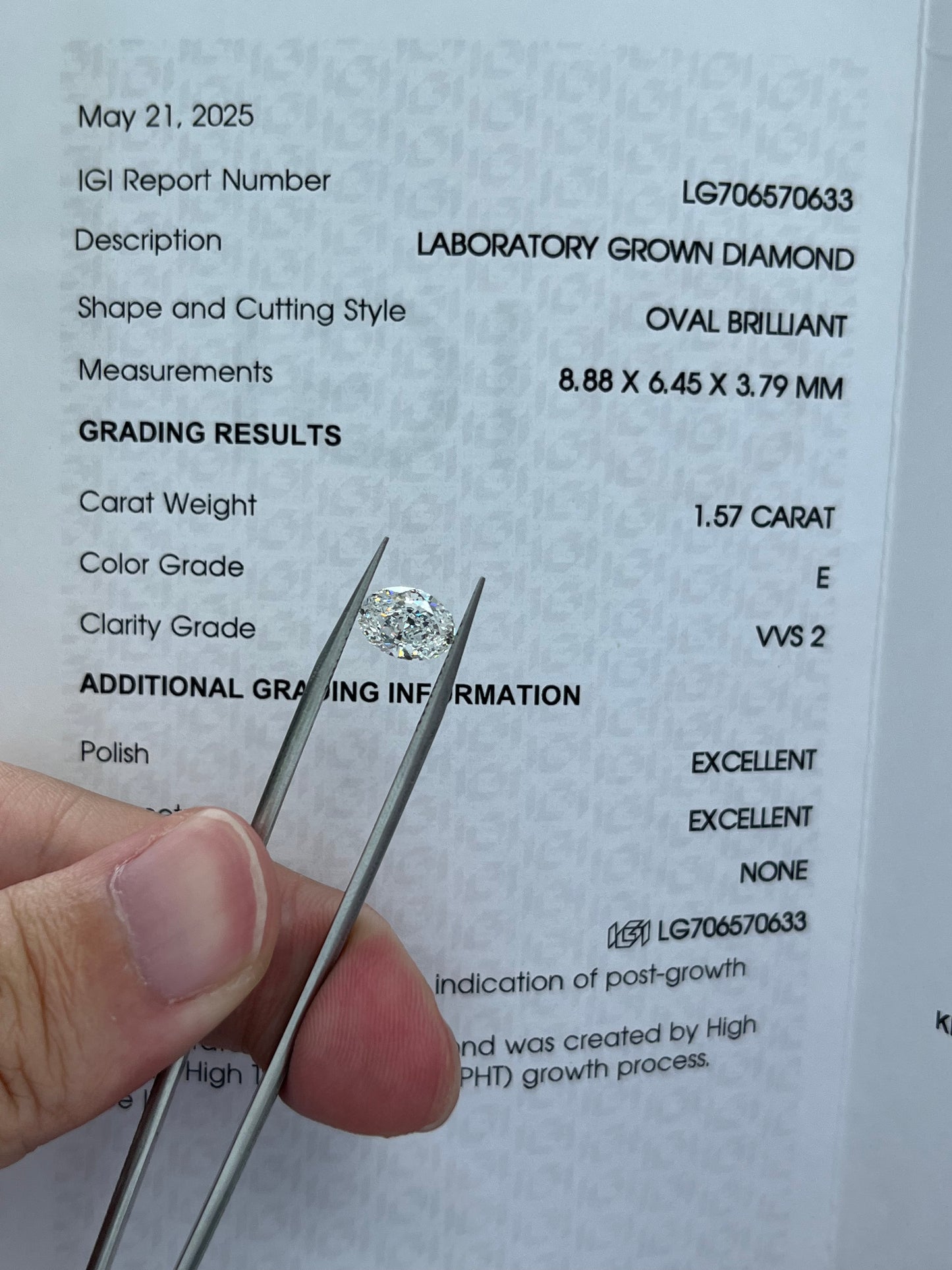 1.57CT OVAL E VVS2 Lab Diamond