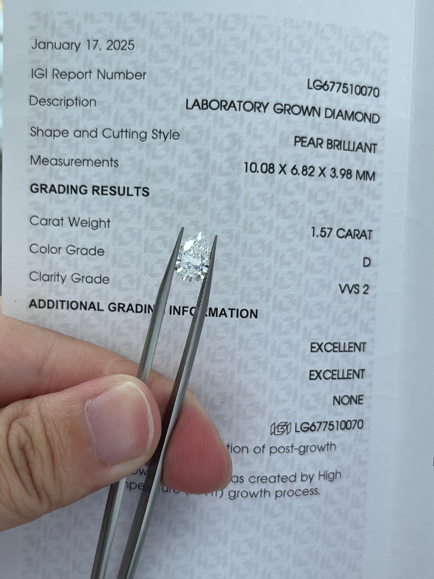 1.57CT Pear D VVS2 Lab Diamond