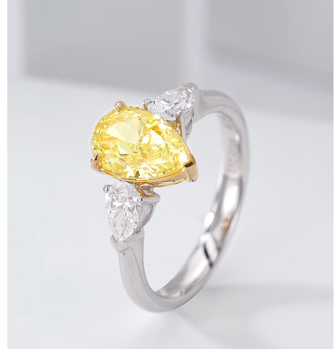 Fancy Yellow Lab Grown Diamond ring Pear E VVS2 18K White Gold