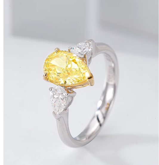 Fancy Yellow Lab Grown Diamond ring Pear E VVS2 18K White Gold