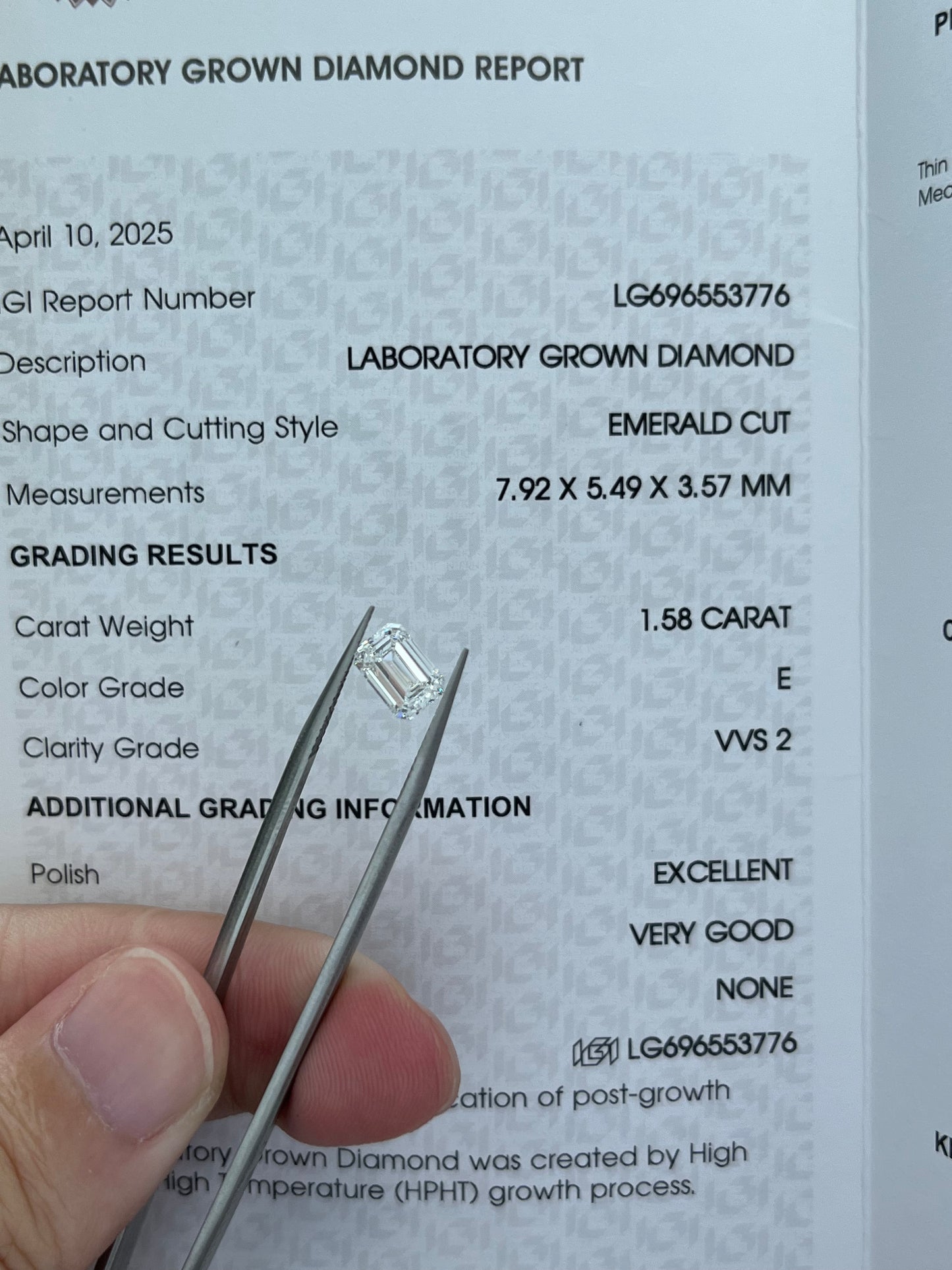 1.58CT Emerald E VVS2 Lab Diamond