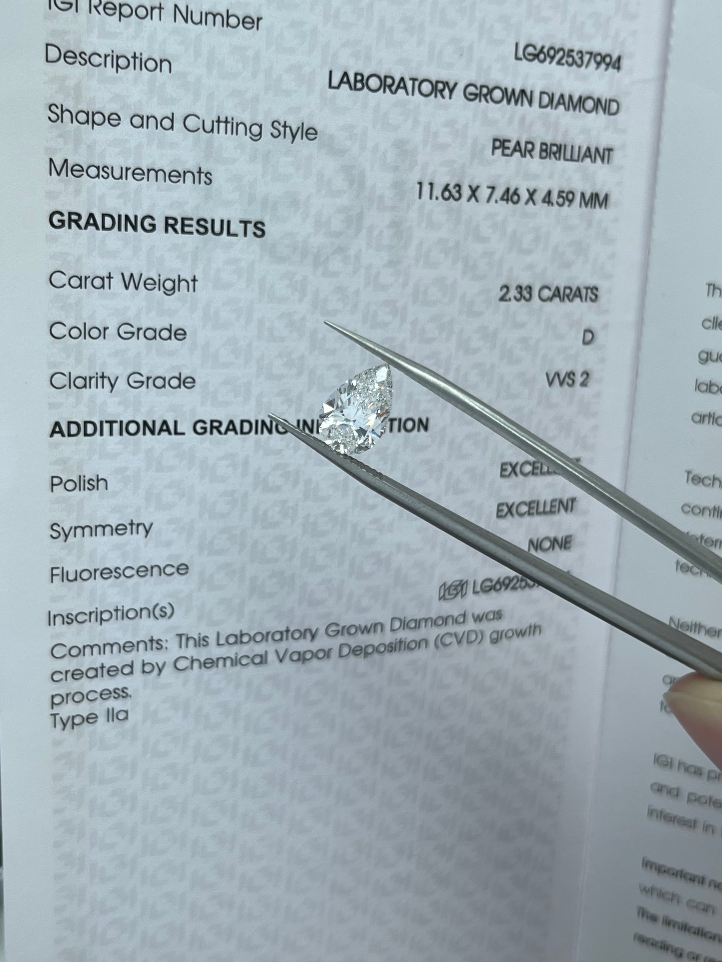 2.33CT Pear D VVS2 Lab Diamond