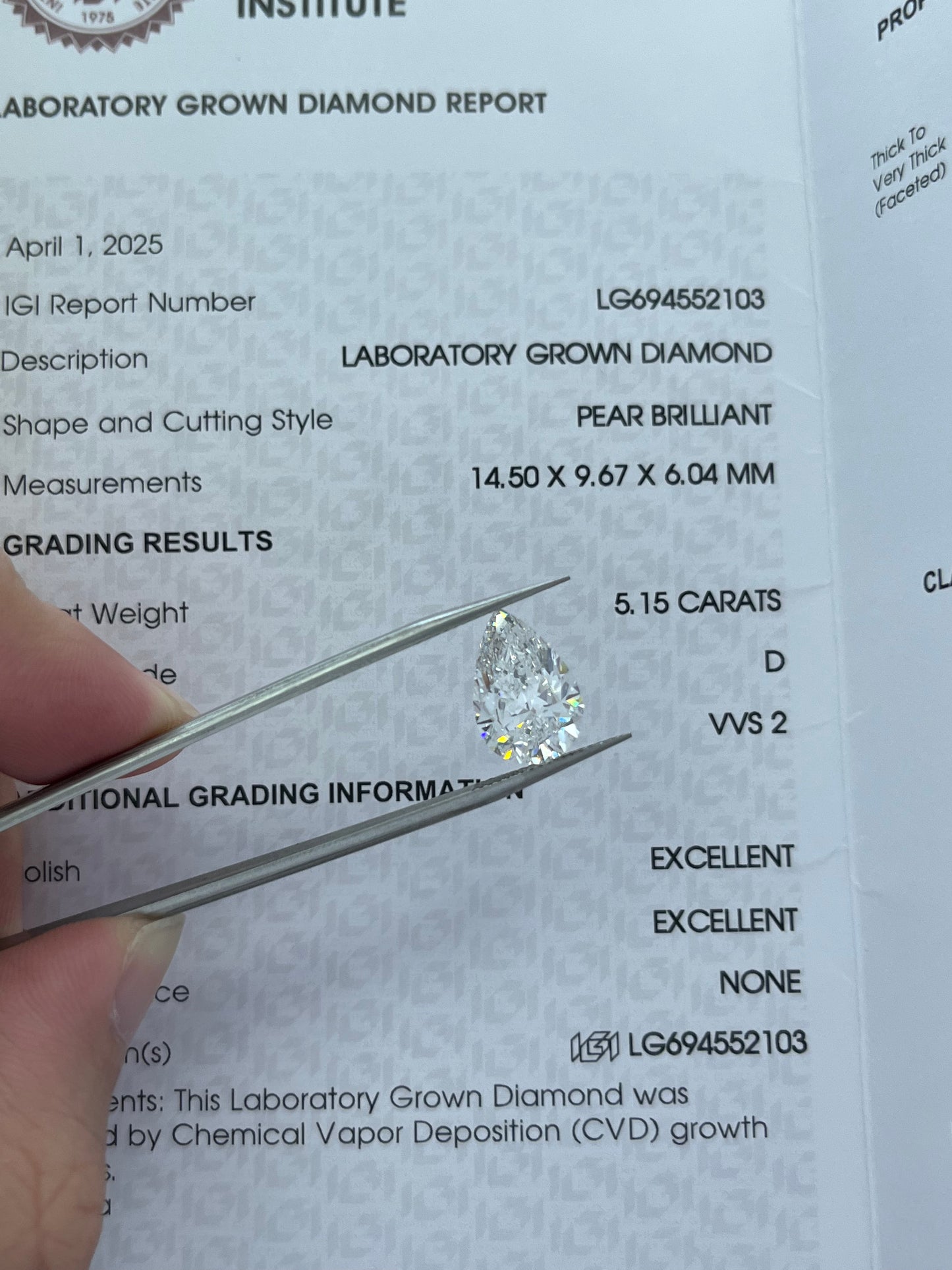 5.15CT Pear D VVS2 Lab Diamond