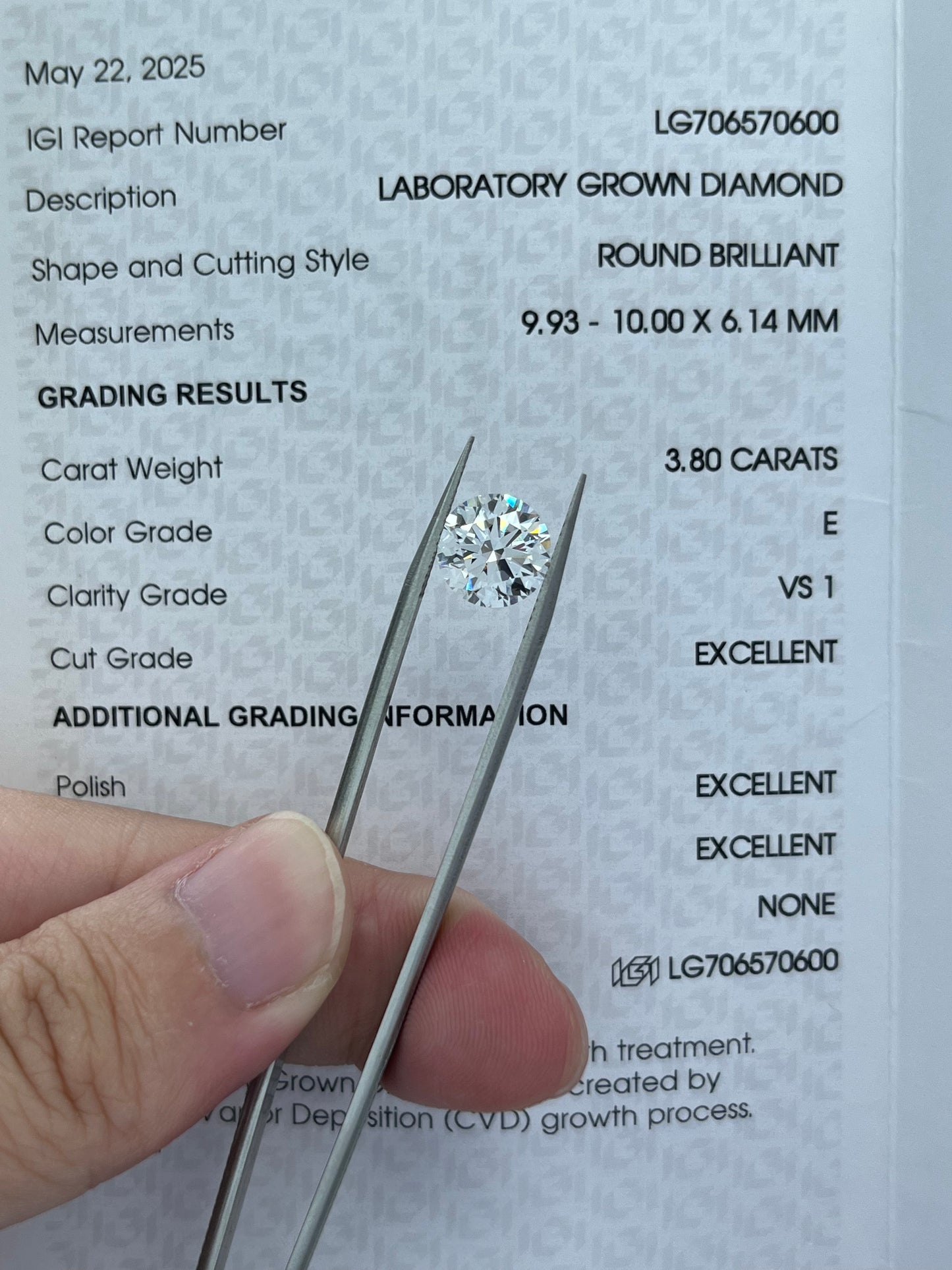 3.8CT ROUND E VS1 Lab Diamond