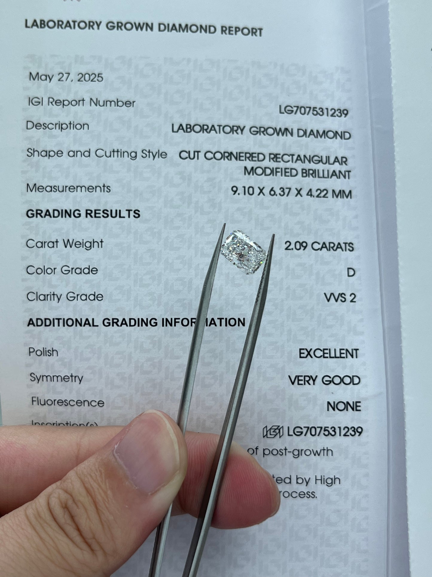 2.09CT Radiant D VVS2 Lab Diamond