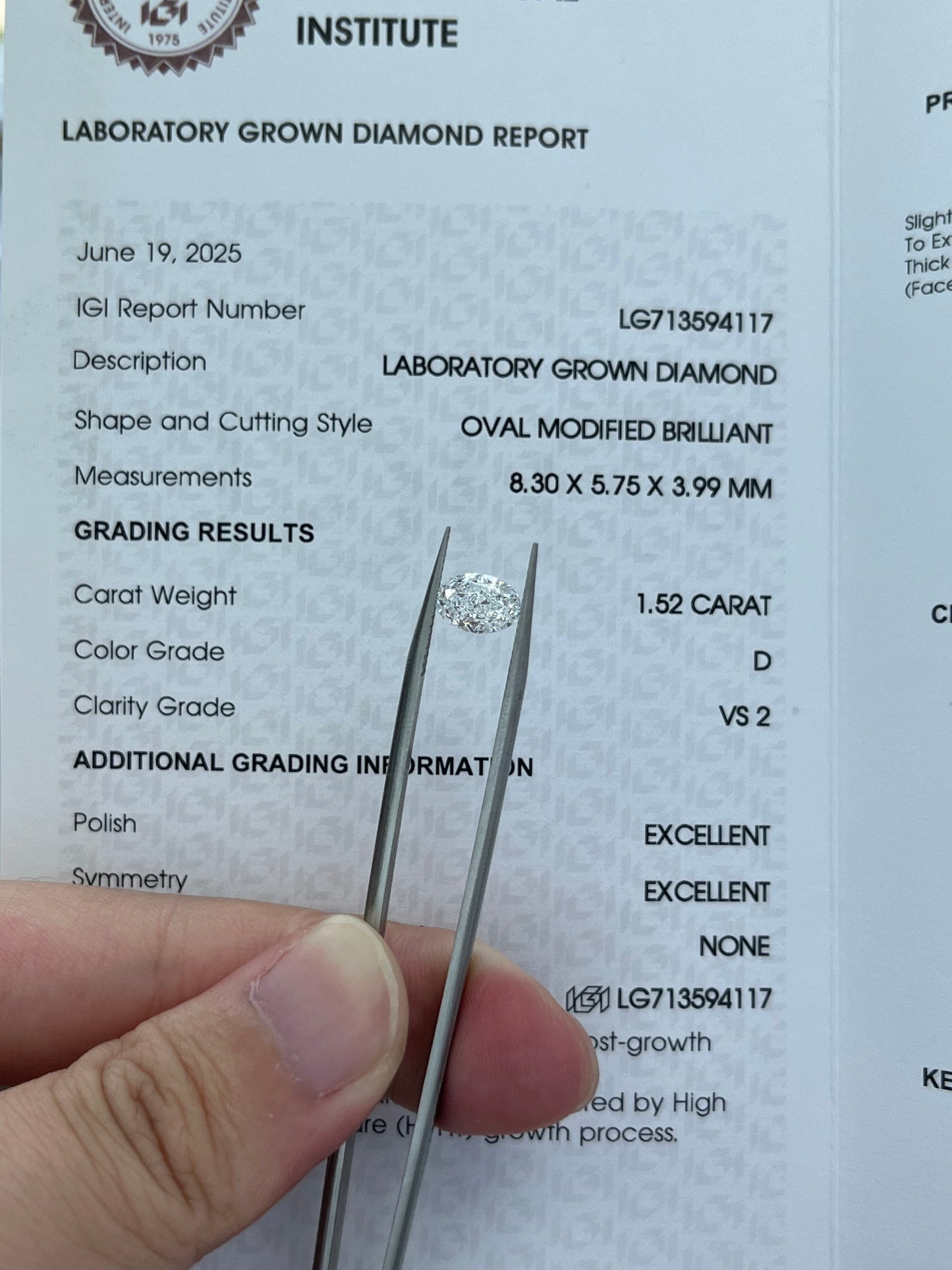 1.52CT OVAL D VS2 Lab Diamond