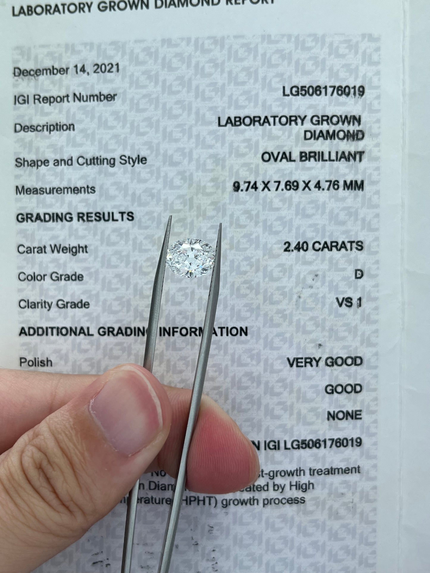 2.40CT OVAL D VS1 Lab Diamond