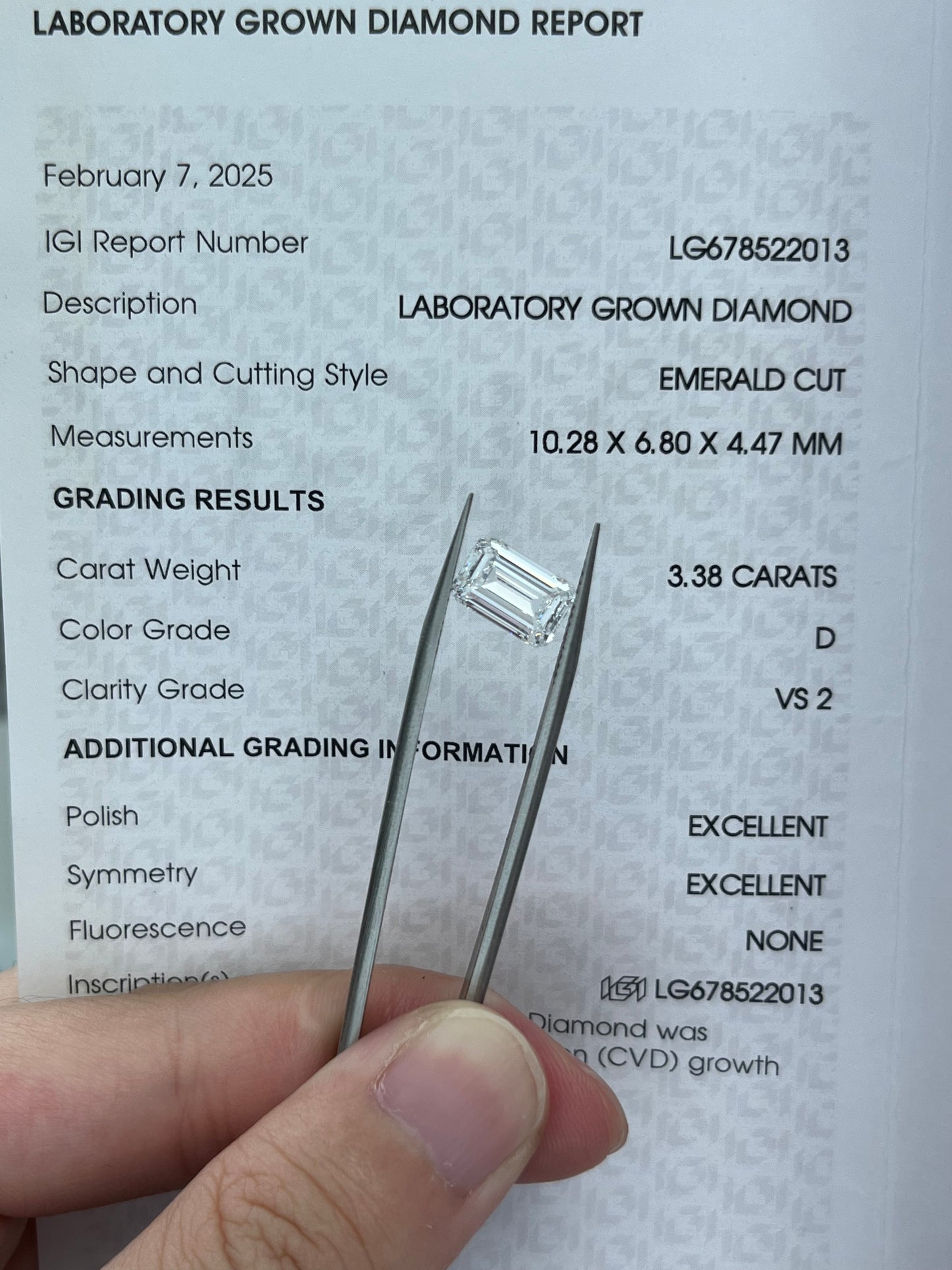 3.38CT Emerald D VS2 Lab Diamond