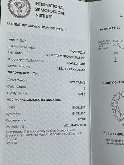 deposit 3.21ct E VVS2 pear diamong