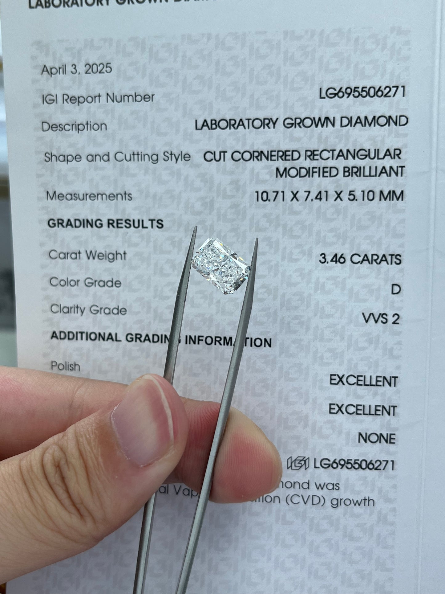 3.46CT Radiant D VVS2 Lab Diamond